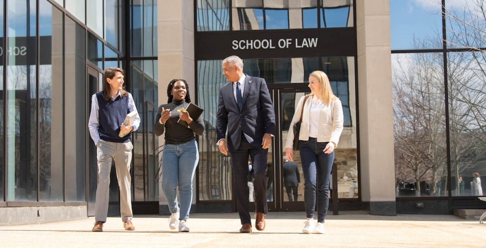 Law students in front of the Villanova University Widger School of Law