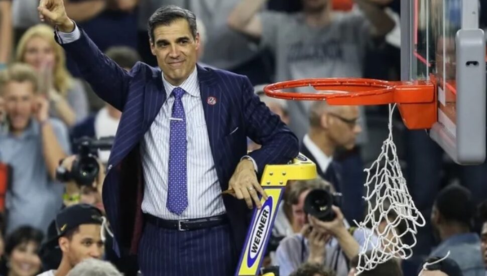 Villanova coach Jay Wright waves to fans after winning the NCAA championship in 2016.
