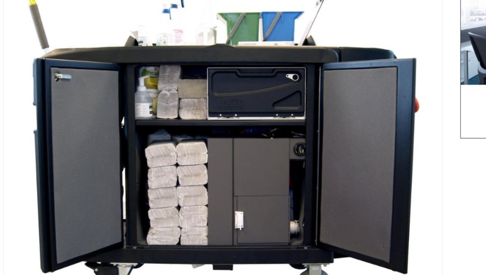 A cleaning cart with supplies.
