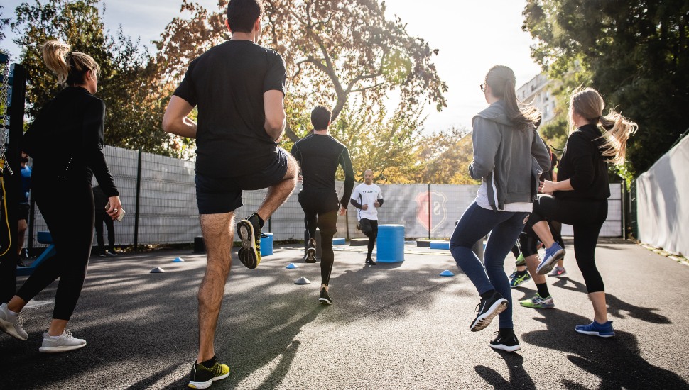 A group of people exercising.