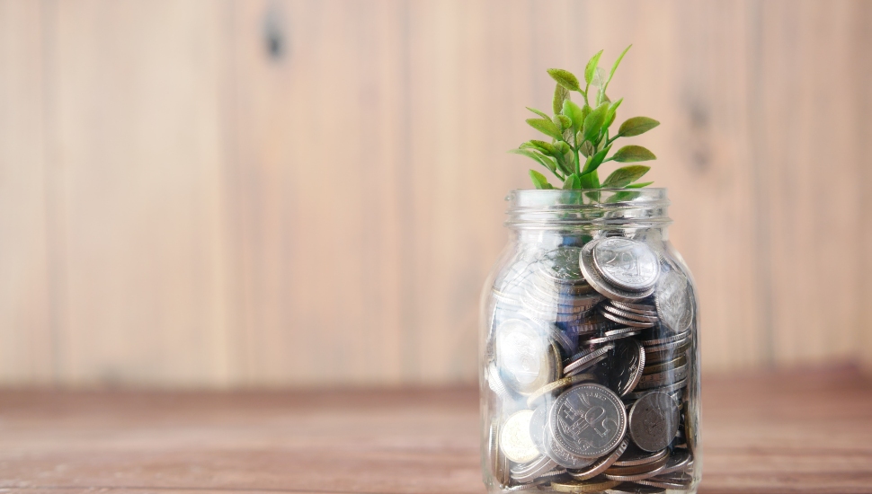 A jar of coins for investment with a plant growing out of it.