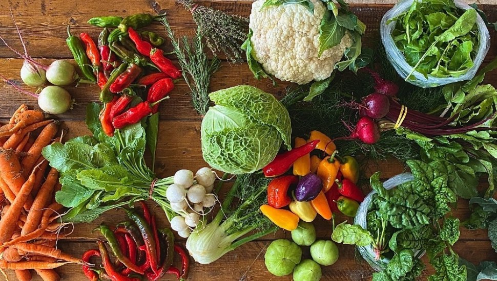 A table of fresh fruits and vegetables from a CSA.