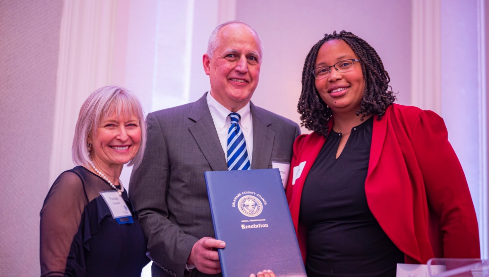 Dr. Monica Taylor, County Council presents proclamation from County Council to Frances M. Sheehan, The Foundation for Delaware County President and Dominic Pileggi, Board Chair