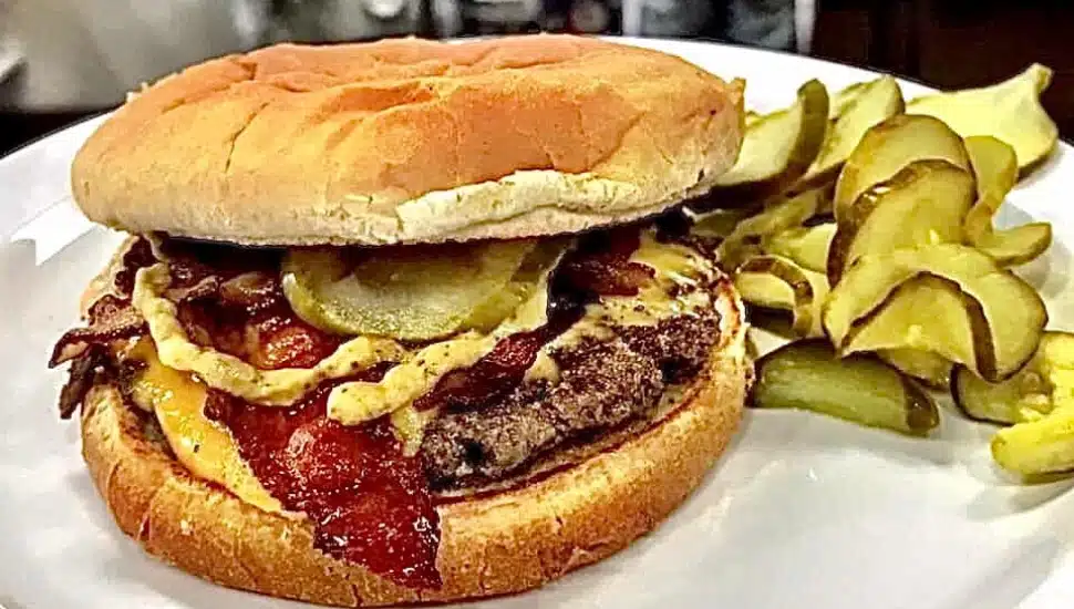 A bacon cheeseburger and pickles