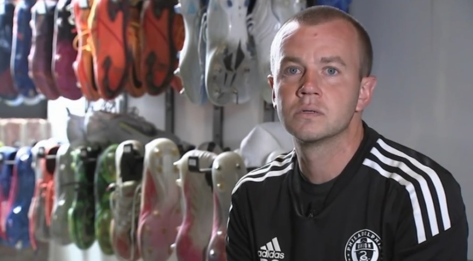 Brandon Comisky in the Philadelphia Union boot room where critical soccer footwear is stored.