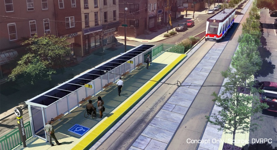 A trolley station and trolley rendered for the Trolley Modernization Project survey.