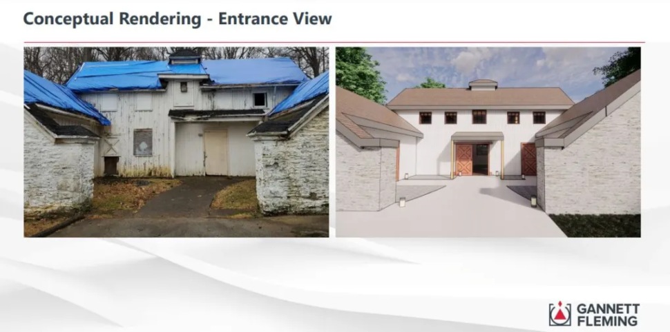A photo of historic horse stables at Fenimore Woods Park and a artist rendering of what it could look like when renovated.