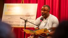Brian Westbrook reads his book at the Free Library of Philadelphia.