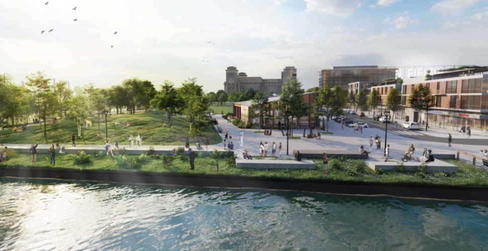 Artist rendering of a proposed waterfront park connecting Chester to the Delaware River.
