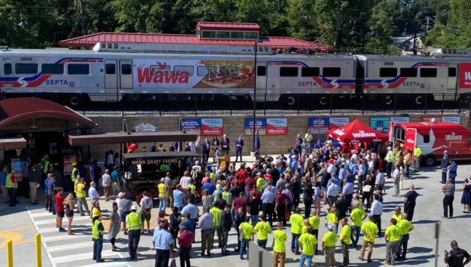 A hoagie-wrapped train at the Wawa train station for a ribbon cutting and inaugural train trip.