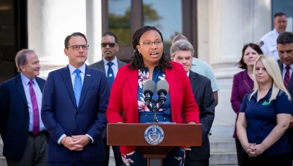 Dr. Monica Taylor, chair of Delaware County Council, speaks at a press conference on an opioid lawsuit settlement