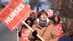 Striking nurses picketing outside Delaware County Memorial Hospital in March 2017