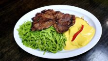 Steak and green noodles from H&B New York Style Deli
