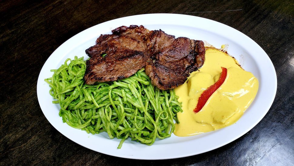 Steak and green noodles from H&B New York Style Deli