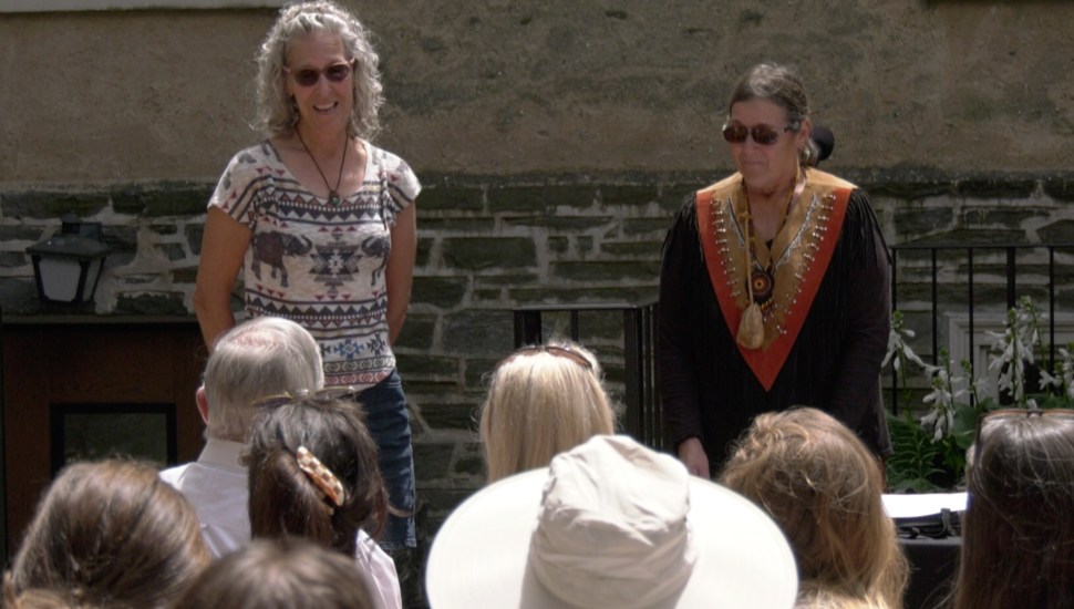 Amy Bruckner of North American Land Trust and Shelley DePaul of the Lenape Nation of Pennsylvania at a treaty signing.