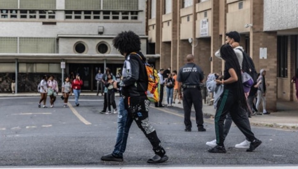 Students from Upper Darby High School leaving campus