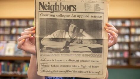 Candice Polsky holds a Philadelphia Inquirer from 35 years ago when she was profiled as a Haverford High School graduating senior
