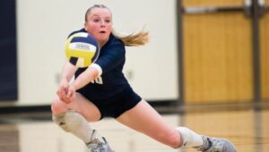 Abby Harrell bumps the ball during a 3-1 victory against Selah Tuesday, Oct. 4, 2022, at Selah High School in Selah, Washington