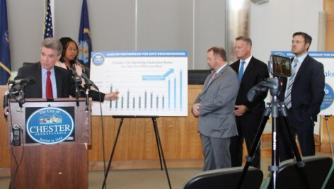 Delaware County District Attorney Jack Stollsteimer speaks at an Oct. 20 press conference about the progress made to curb gun violence in Chester