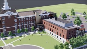 A rendering of the new Delaware County Community College campus at the former Prendergast High School in Drexel Hill