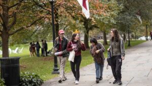 Students at Swarthmore College walking the grounds