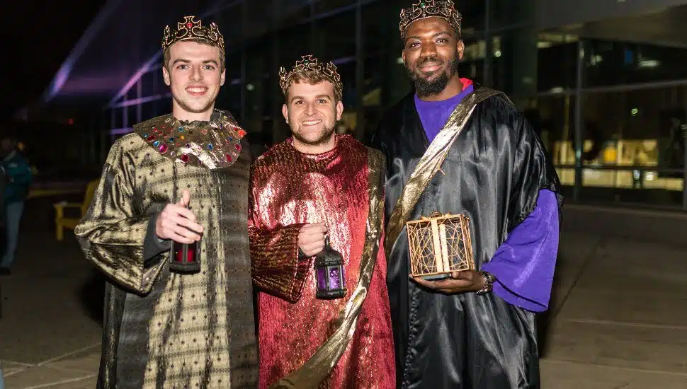 The three wise men at Neumann University’s 2021 live nativity.