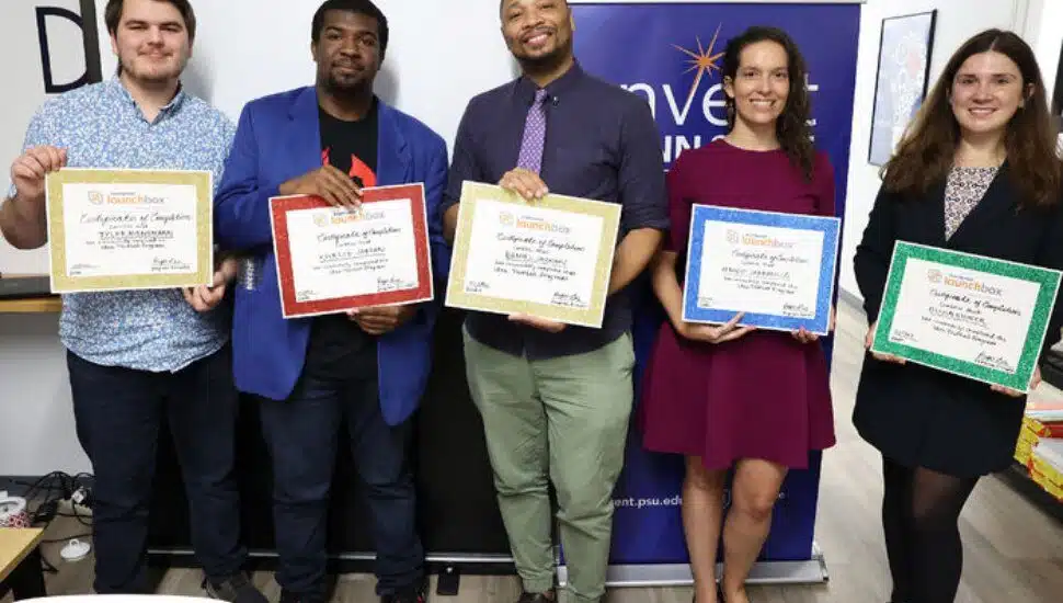 Participants in the Brandywine LaunchBox Idea TestLab pitch competition were Tyler Mansmann, Khalid Jordan, Daniel Jackson, Maggie Jaramillo, Olivia Shiner King and Ashlee Catona (not pictured). Mansmann, Jordan and Catona are current Brandywine students; King is an alumna.