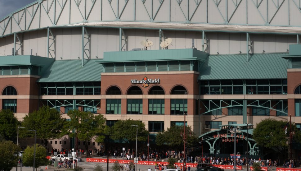Crowds wait outside the Minute Maid Stadium in Houston after the Astros' 2022 World Series win
