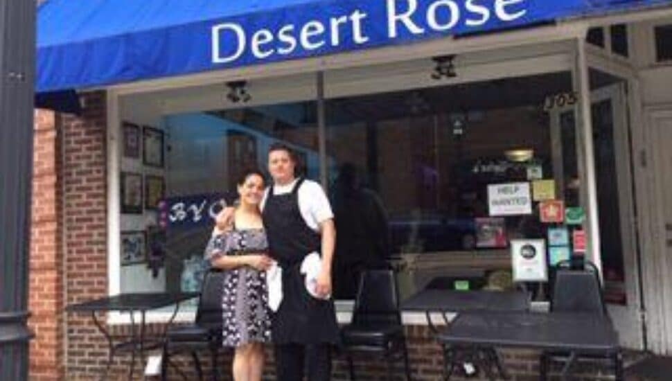 Jason McHugh and his wife, Natalie, outside their Desert Rose restaurant in Media.