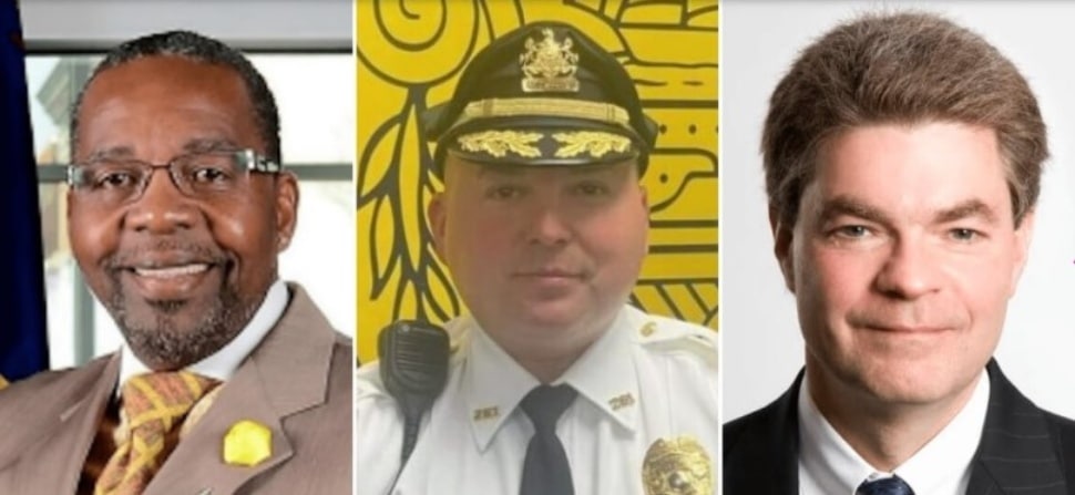 Chester Mayor Thaddeus Kirkland, Chester Police Commissioner Steven Gretsky and Delaware County Attorney Jack Stollsteimer