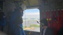 A view of the Commodore Barry Bridge from inside a CH-47 Chinook helicopter.