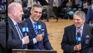Jay Wright (center) was part of the broadcast team for CBS with Tom McCarthy (left) and former Villanova coach Steve Lappas