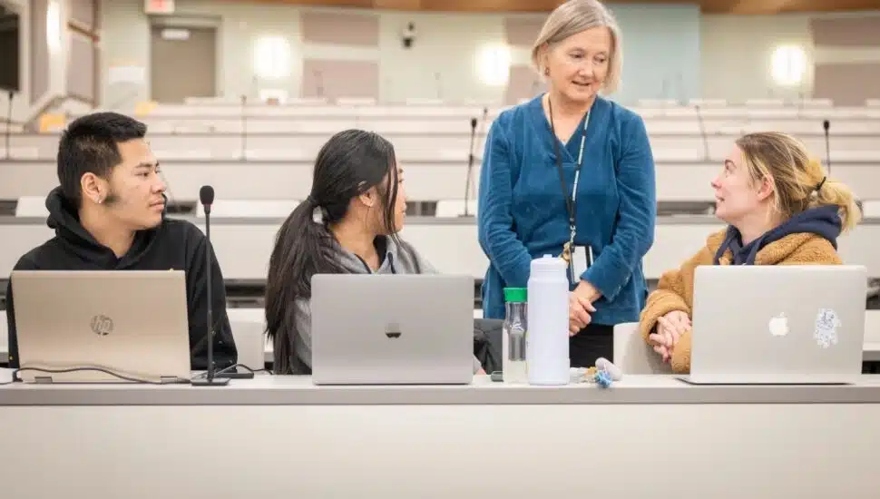 Professor Elizabeth Loeper teaches her nursing students about self-care at Neumann University.