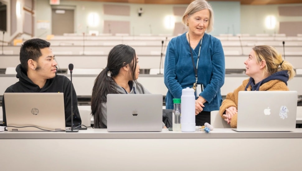Professor Elizabeth Loeper teaches her nursing students about self-care at Neumann University.