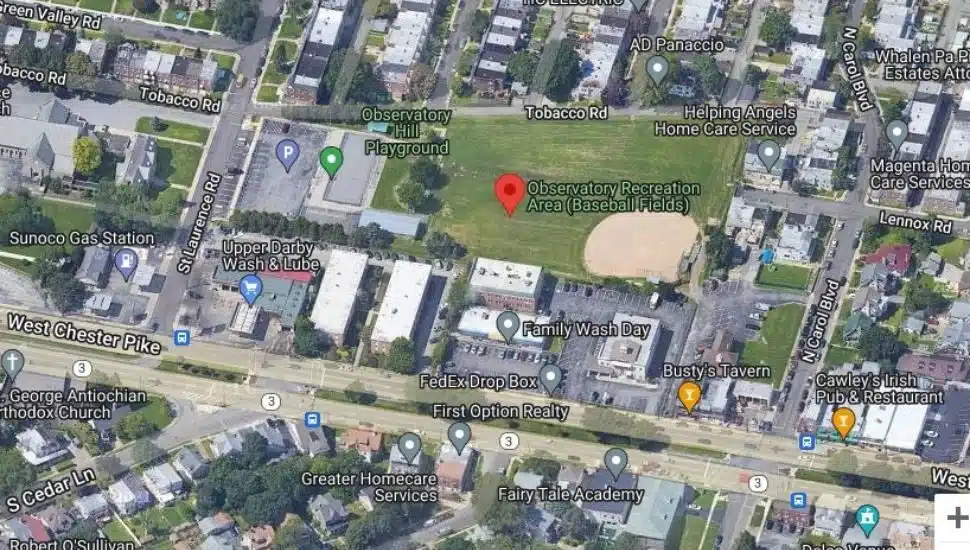 Satellite image of Observatory Recreation area in Upper Darby