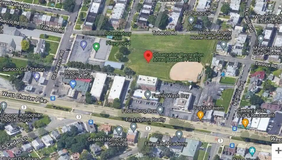 Satellite image of Observatory Recreation area in Upper Darby