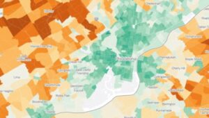 A map showing where greenhouse emissions in Delaware County communities are compared to the national average