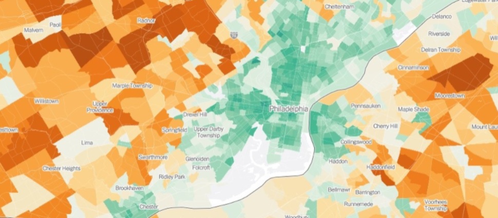 A map showing where greenhouse emissions in Delaware County communities are compared to the national average