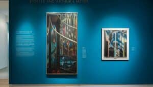 Two of Urban Artist Joseph Stella's works on display, "American Landscape" on the left and "Smoke Stacks"