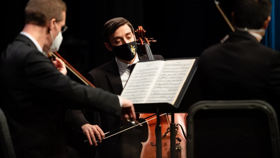 Three seated members of the Delaware County Symphony Orchestra with their instruments playing a musical selection.