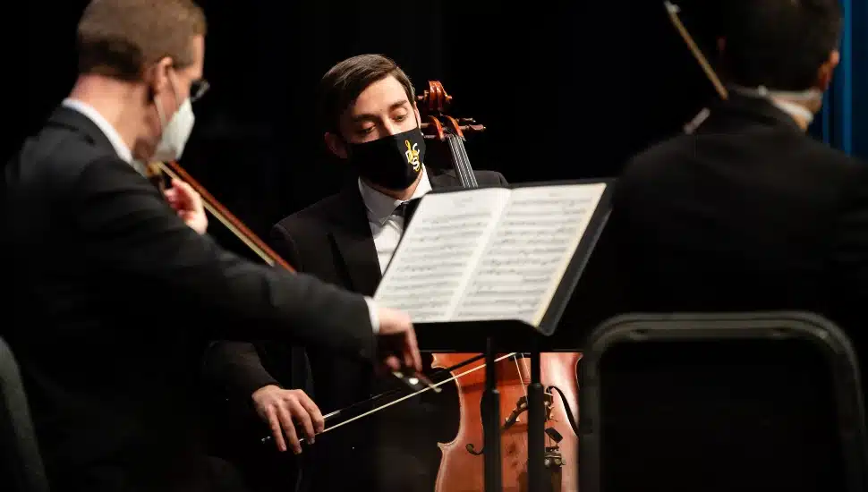Three seated members of the Delaware County Symphony Orchestra with their instruments playing a musical selection.