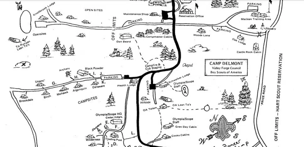 A partial map of Camp Delmont, a Boy Scout camp in Montgomery County