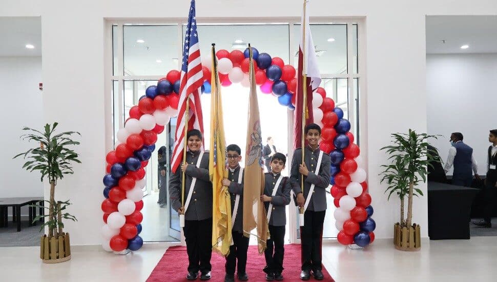 A color guard of students from Valley Forge Academy Qatar participated in the ribbon cutting and official school opening.