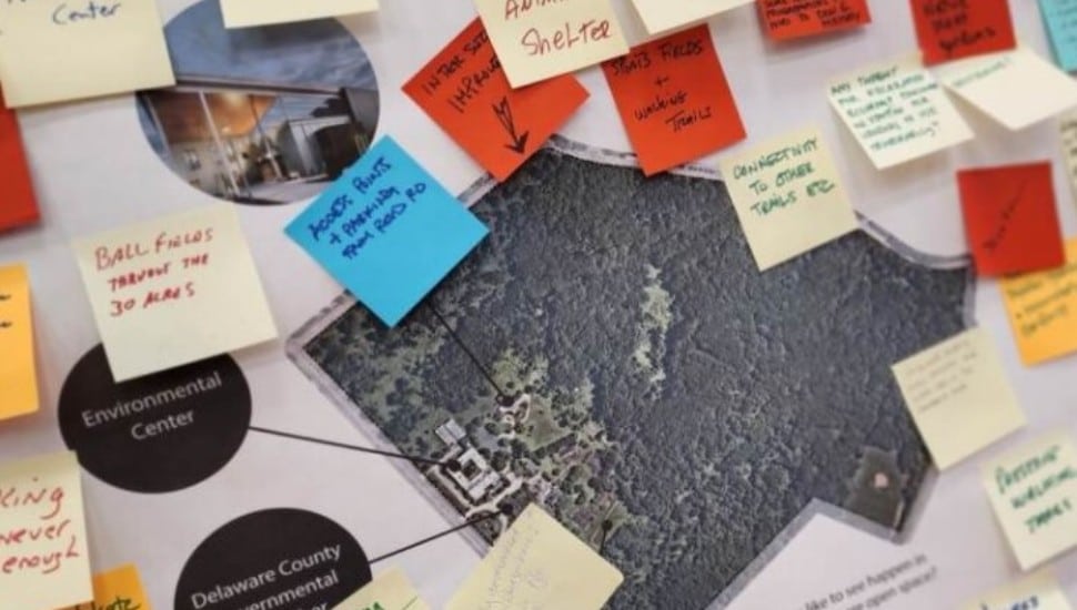 A board of post-it notes with suggestions for the new park at Don Guanella in Marple