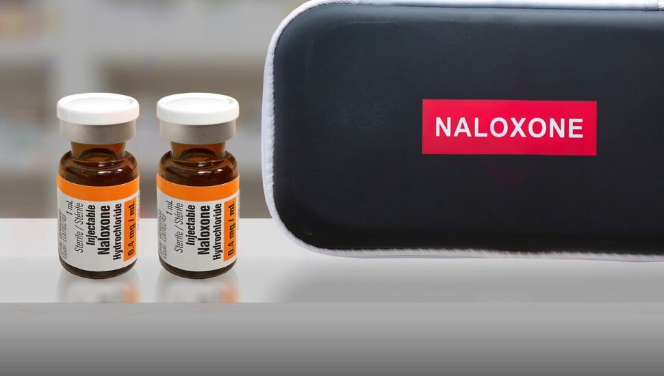A Naloxone kit with a couple of vials at pharmacy