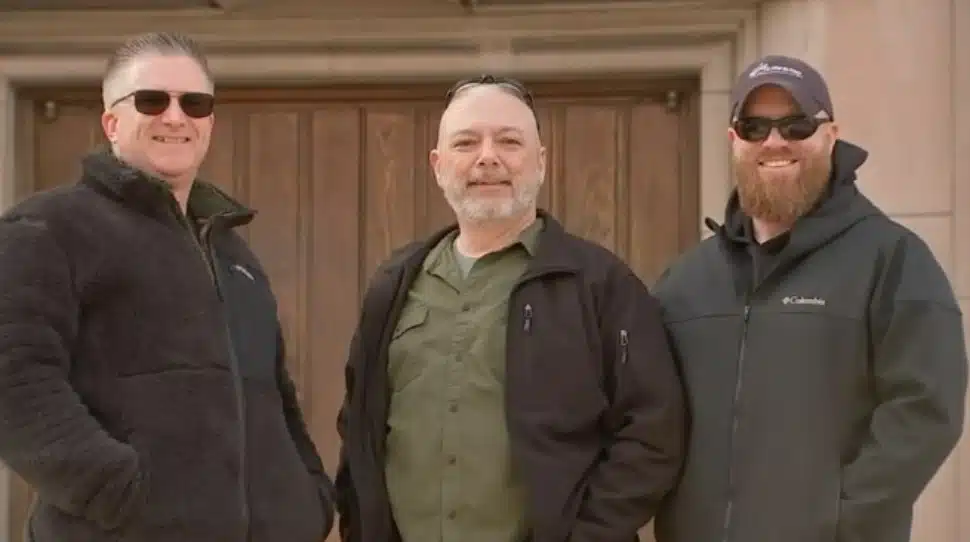 Pilot Daniel Moore Left) flight paramedic Kevin Chafee (center), and flight nurse Kris Lawson outside Drexel Hill United Methodist Church