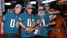 The Eagles Pep Band in this 2018 photo are (from left) Bobby Mansure, Brian Saunders, Skull and Bruce Mulford.