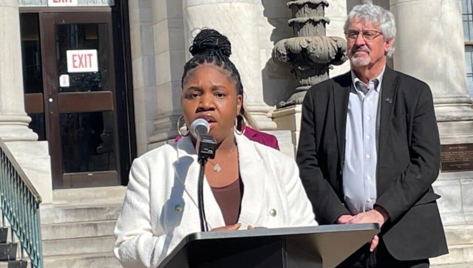 State Rep. Carol Kazeem, D-159, of Chester, with state Sen. Tim Kearney, D-26, of Swarthmore at a press conference urging action on education funding reform
