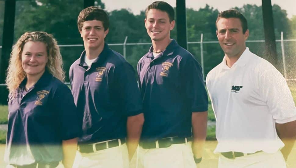 Taken in August 2003, now Kansas City Chiefs Assistant Athletic Trainer Julie Frymyer is pictured during her junior year at West Chester University as an intern in the Athletic Training Program working with the University’s intercollegiate football team. Julie also worked with the team as an intern during her senior year at West Chester University. Pictured (l to r) in the 2003 photo are Frymyer (’05 graduate), Joshua Minori (’05 graduate), Brett Phelan (’04 graduate), and Scott Heinerichs, now dean of West Chester University’s College of Health Sciences and professor of athletic training.
