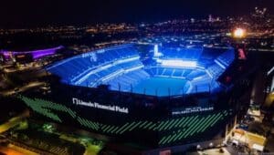 An aerial view of Lincoln Financial Stadium (The Linc) at night